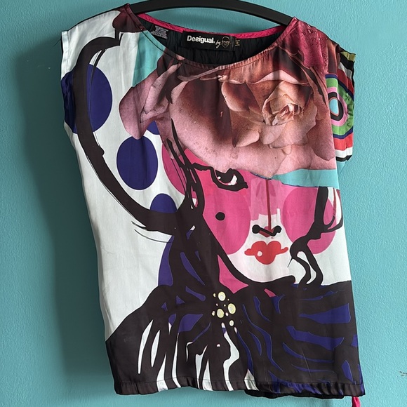 Desigual satin mixed collage print fashion face boxy blouse - Picture 3 of 8